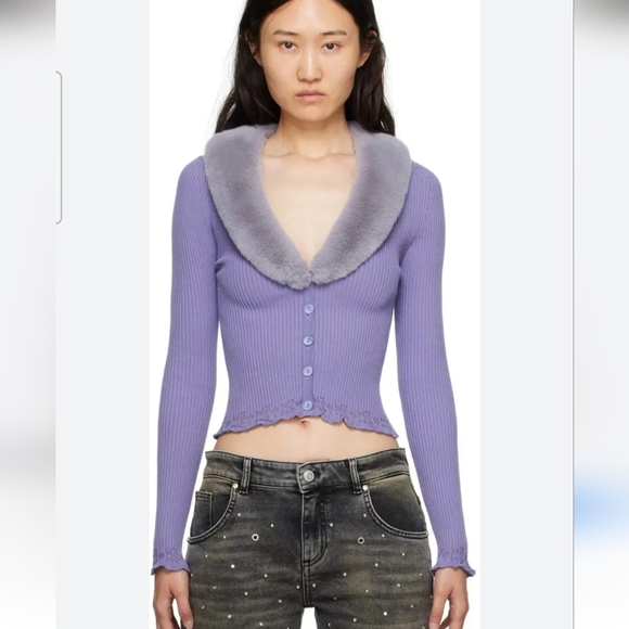 Vintage SUTTON STUDIO Wool Blend Cardigan Faux Fur Collar. Purple. XS/S - Picture 2 of 14